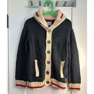 Roots Cabin Kids Shawl Collar Cardigan Sweater Grey Cream Red Size M 7-8 Yrs